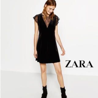 ザラ(ZARA)のsale!新品タグ付☆ZARAザラ☆レースディテール付きベルベットドレス(ミニワンピース)