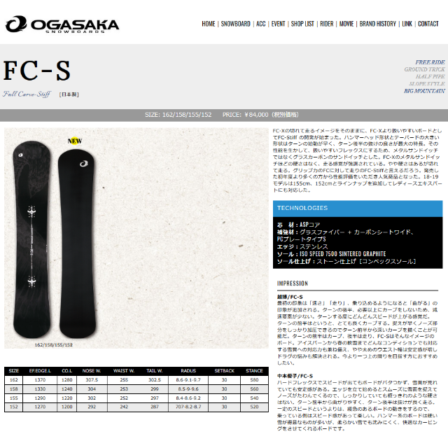 ガッツリ値下げしました【最新18-19】OGASAKA FC-S 162cm - ボード