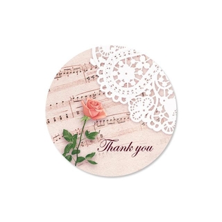 〈Thank youシール丸型〉一輪の薔薇と楽譜&レース《ピンク系・T15(カード/レター/ラッピング)