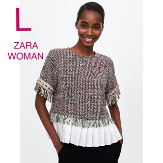 ザラ(ZARA)の新品未使用 ZARA WOMAN ツイード プリーツフリル フリンジ L(シャツ/ブラウス(半袖/袖なし))