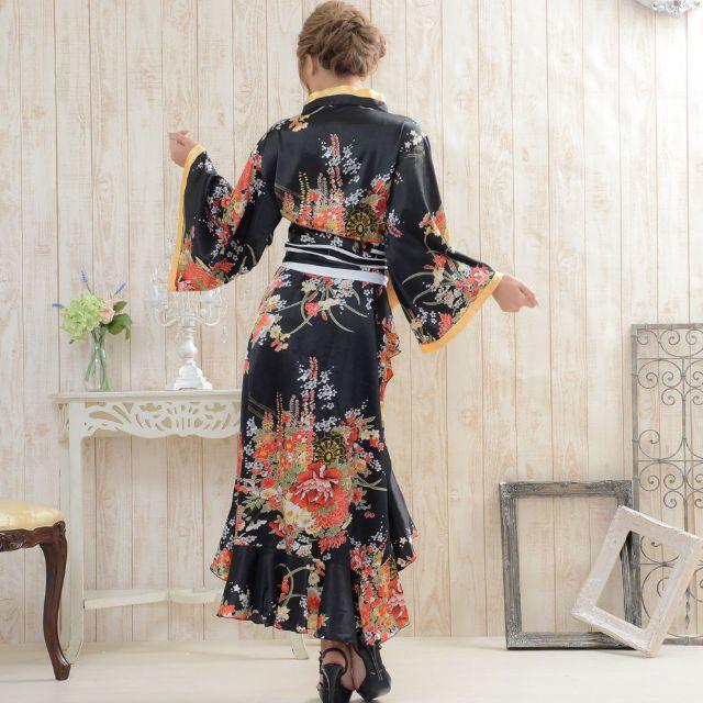 花魁風 帯付き 総和柄 サテン 裾フリル ロングドレス 衣装 よさこい コスプレ42cm帯長