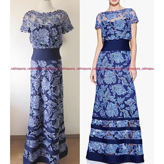 タダシショウジ(TADASHI SHOJI)のTADASHI SHOJI花刺繍レース*ブルゾンウエストロングドレス*ブルー4(ロングワンピース/マキシワンピース)