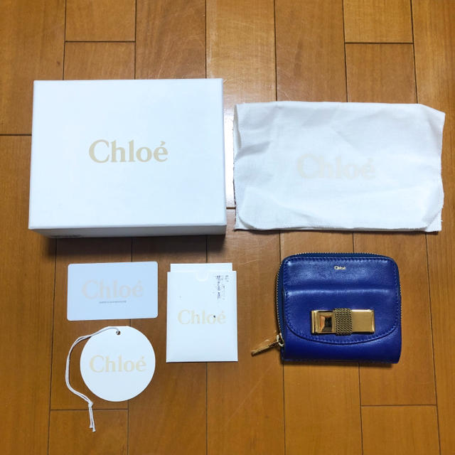 美品 Chloe クロエ ブルー リボン ゴールド 折りたたみ 財布財布