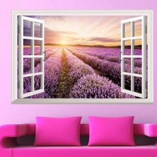 ウォールステッカー 窓 ラベンダー畑の風景 壁シール 紫の花 夜明け パープル(その他)