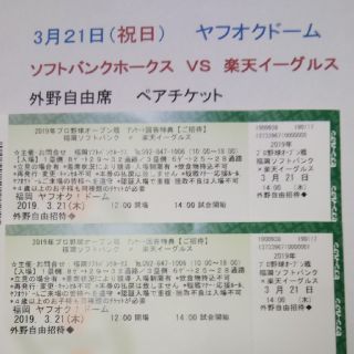 フクオカソフトバンクホークス(福岡ソフトバンクホークス)の【３月２１日】ソフトバンクホークス対楽天イーグルス 外野自由席ペアチケット  (野球)