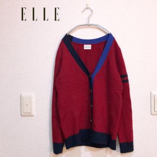 エル(ELLE)のELLE カーディガン バイカラー エンジ(カーディガン)