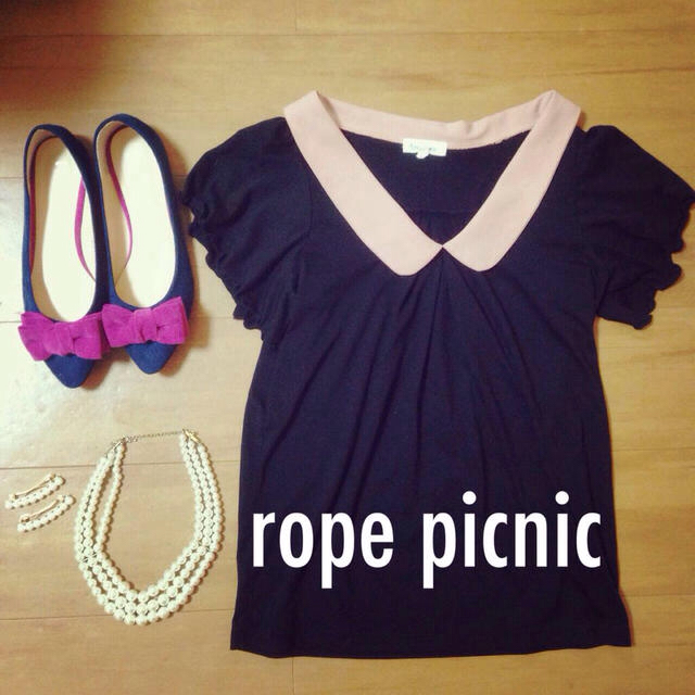 Rope' Picnic(ロペピクニック)の袖フリル 黒 ピンクベージュ38 未使用 レディースのトップス(Tシャツ(半袖/袖なし))の商品写真