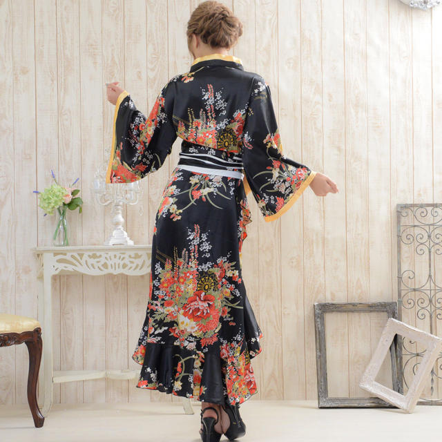 0011花魁風帯付き総和柄サテン裾フリルロングドレス衣装 よさこい キャバドレス エンタメ/ホビーのコスプレ(衣装)の商品写真