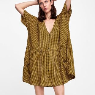 ザラ(ZARA)の新品 ZARA チェック柄 Vネックワンピ size XS チュニック ザラ(ミニワンピース)