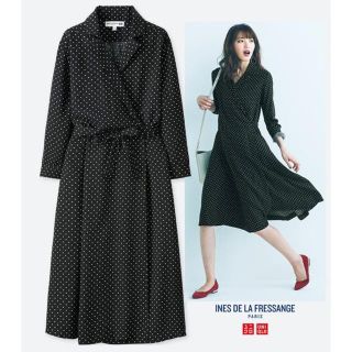 ユニクロ(UNIQLO)の限定XXL★イネス新品レーヨンプリントワンピース黒ドット柄ブラック7分袖水玉(ひざ丈ワンピース)