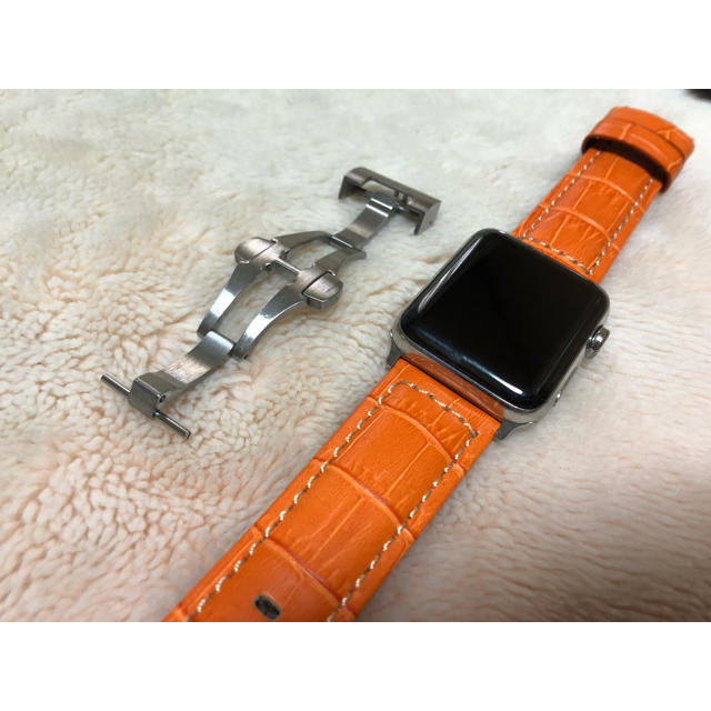 Apple Watch - オレンジ極厚クロコダイルベルト&バックルアップル ...