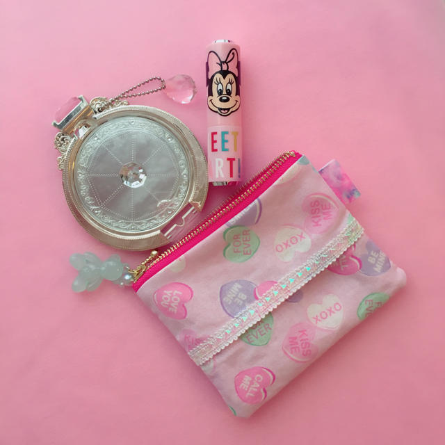 ポケットティッシュポーチ♡ピンクキャンディハーツ ハンドメイドのファッション小物(ポーチ)の商品写真