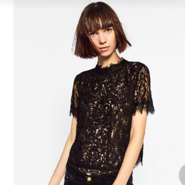 ZARA(ザラ)のレースカットソー ブラック レディースのトップス(カットソー(半袖/袖なし))の商品写真