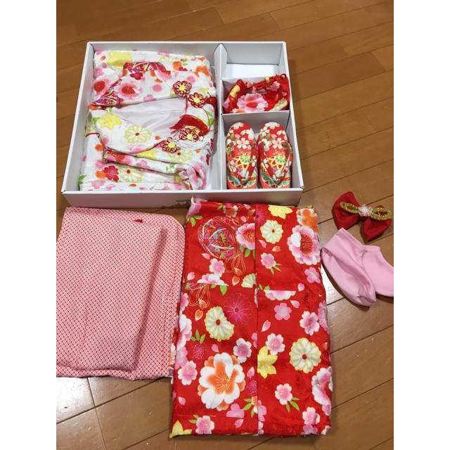  七五三セット 女の子 着物 90〜105くらい 赤 キッズ/ベビー/マタニティのキッズ服女の子用(90cm~)(和服/着物)の商品写真