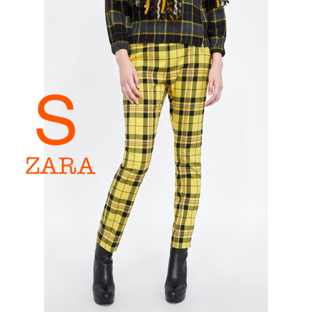 ZARA(ザラ)の新品未使用 ZARA チェック ハイウエスト イエロー パンツ S レディースのパンツ(カジュアルパンツ)の商品写真