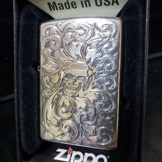 ジッポー(ZIPPO)の中古美品❤10K'Zippo銀張り♥スカル フラワーエングレービング❤送料無料(タバコグッズ)