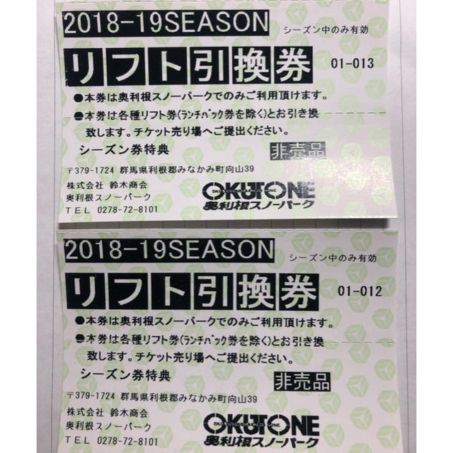 奥利根スノーパーク リフト1日券 二枚