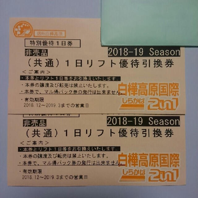 白樺高原国際スキー場  しらかば2in1スキー場 共通リフト引換券 2枚セット