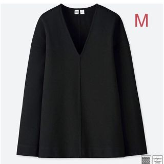 ユニクロ(UNIQLO)のユニクロ ユー ポンチVネック プルオーバー Mサイズ／ブラック 新品タグ付き！(カットソー(長袖/七分))