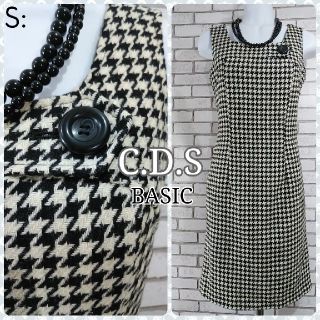 シーディーエスベーシック(C.D.S BASIC)のS: 新品 ウール スーチングワンピース／C.D.S BASIC★未使用★千鳥柄(ひざ丈ワンピース)