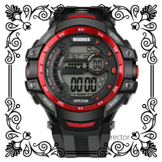 最終セール☆waknoer☆新品 送料無料 腕時計デジタル多機能LED黒×赤