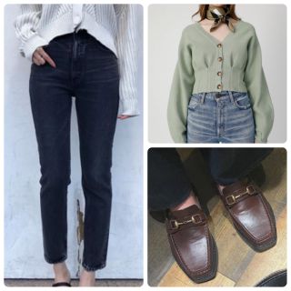 マウジー(moussy)のMOUSSY bitローファーブラウンL&Vネックウエストタックカーディガン緑(セット/コーデ)