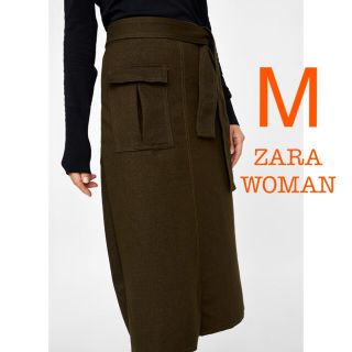 ザラ(ZARA)の新品未使用 ZARA WOMAN リボン ミモレ タイトスカート カーキ M(ひざ丈スカート)