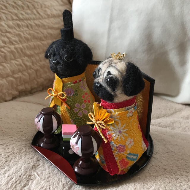 M様専用 羊毛フェルト パグさん ひな祭り ハンドメイド 犬 黒パグ ひな