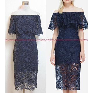 タダシショウジ(TADASHI SHOJI)のTADASHI SHOJIカットワークレース*オフショルダーワンピースNAVY4(ひざ丈ワンピース)