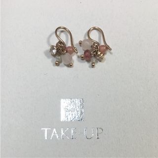 テイクアップ(TAKE-UP)のTAKE UP K18 半貴石 ジルコニア フック ピアス ピンク系(ピアス)