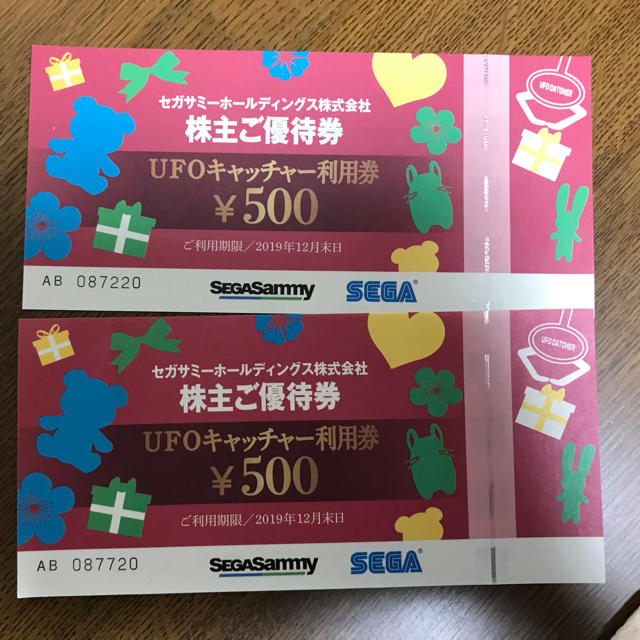 SEGA(セガ)のUFOキャッチャー利用券500円×2枚 チケットの優待券/割引券(その他)の商品写真