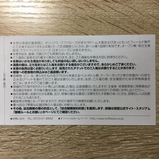 2019年 オリックスバファローズ 内野・外野自由席入場券 チケットのスポーツ(野球)の商品写真
