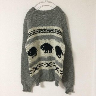 古着 カナダ製 セーター ウール BROWN BISON 闘牛 うし グレー 灰(ニット/セーター)