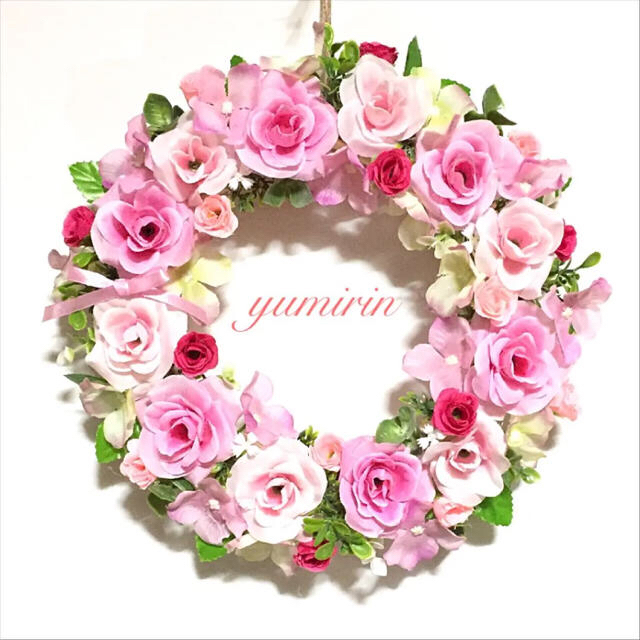 ピンク ローズのナチュラルリース♡春リース♡フラワーリース ハンドメイドのフラワー/ガーデン(リース)の商品写真