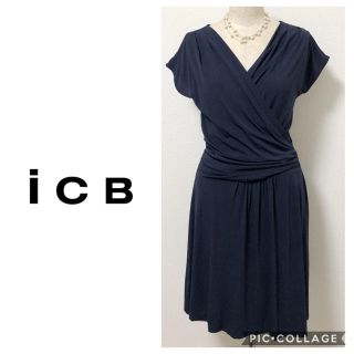 アイシービー(ICB)の美品 ICB ストレッチ カシュクール ワンピース ネイビー S(ひざ丈ワンピース)