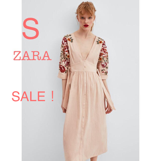 ザラ(ZARA)のSALE！新品 ZARA フラワー刺繍 リボン ミモレ ロングワンピース S(ひざ丈ワンピース)