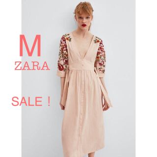 ザラ(ZARA)のSALE！新品 ZARA フラワー刺繍 リボン ミモレ ロングワンピース M(ひざ丈ワンピース)