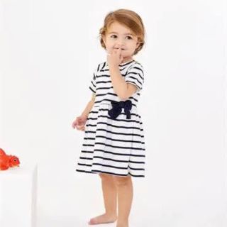 プチバトー(PETIT BATEAU)の◎36m95cm◎ マリニエールリボン付き半袖ワンピース f18298(ワンピース)