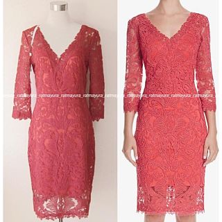 タダシショウジ(TADASHI SHOJI)のTADASHI SHOJIコード刺繍七分袖ドレスワンピース*コーラルレッド8(ひざ丈ワンピース)