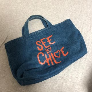 美品 SEE BY CHLOE デニムトートバッグ 立体ロゴ レザーハンドル