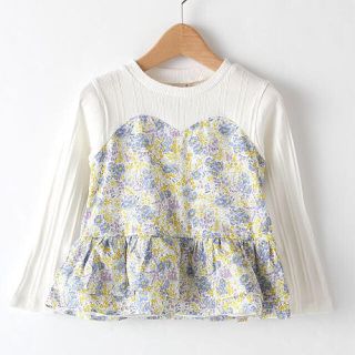 プティマイン(petit main)の / 花柄ドッキングチュニック長袖Ｔシャツ,/カットソー,100cm,イエロー(Tシャツ/カットソー)