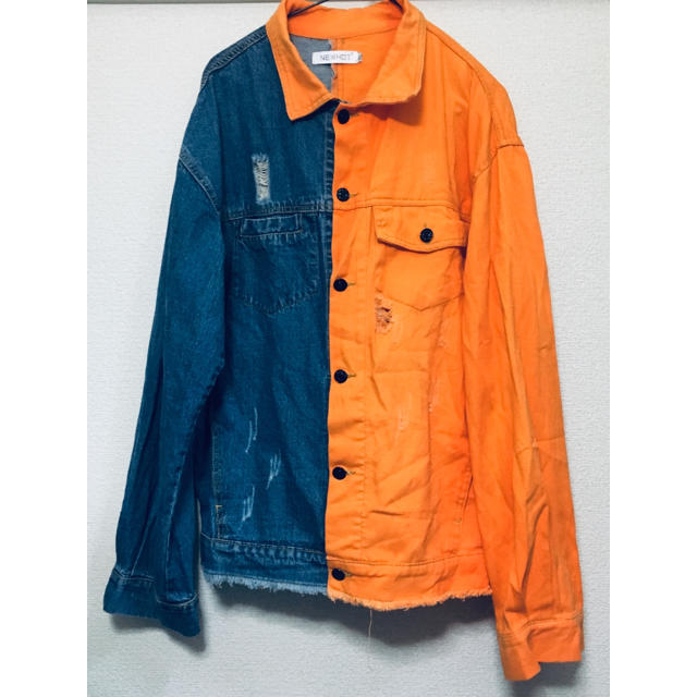 韓国ストリートデニムジャケット 青 オレンジ  切り替え未使用に近い販売開始価格