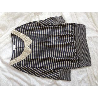 ザラ(ZARA)のボーダーデザイン　長袖Tシャツ　ワンピース　ブラウス　紺とゴールド(シャツ/ブラウス(長袖/七分))