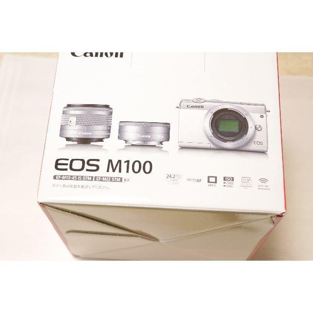 Canon(キヤノン)の新品 Canon ミラーレス一眼　EOS M100 レンズ付 ホワイト スマホ/家電/カメラのカメラ(ミラーレス一眼)の商品写真