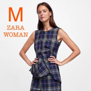 ザラ(ZARA)の新品未使用 ZARA WOMAN チェック柄 フリル ノースリーブ ブラウス M(シャツ/ブラウス(半袖/袖なし))