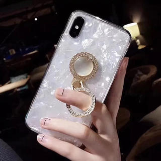 アイフォーン(iPhone)のシェル貝殻のiPhoneケース パール真珠のバンカーリング付き(iPhoneケース)