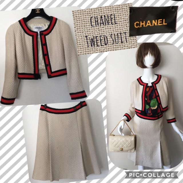 CHANEL - シャネル 美品 ツイード スーツ バイカラー 白 赤 セットアップの通販 by k&m｜シャネルならラクマ