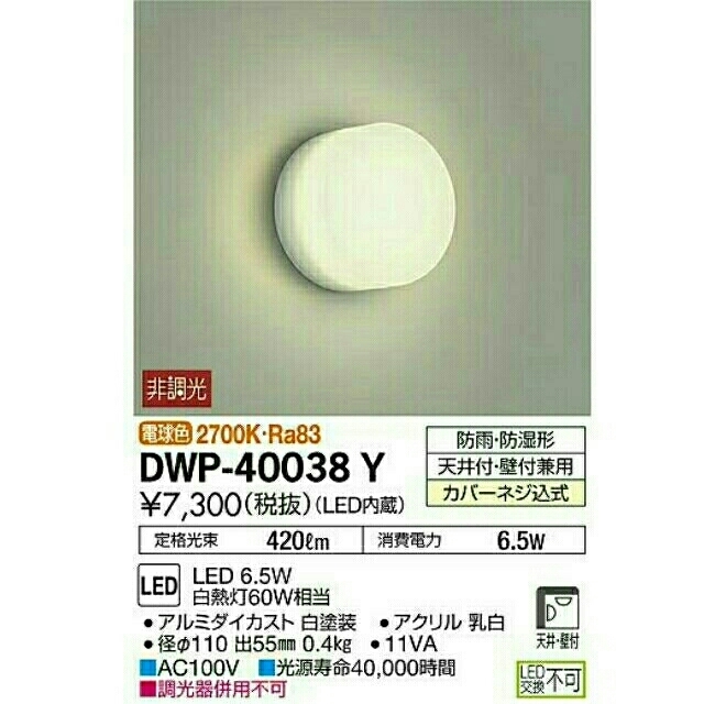 高品質 大光電機 LEDアウトドアブラケット DWP40038Y 非調光型 工事必要