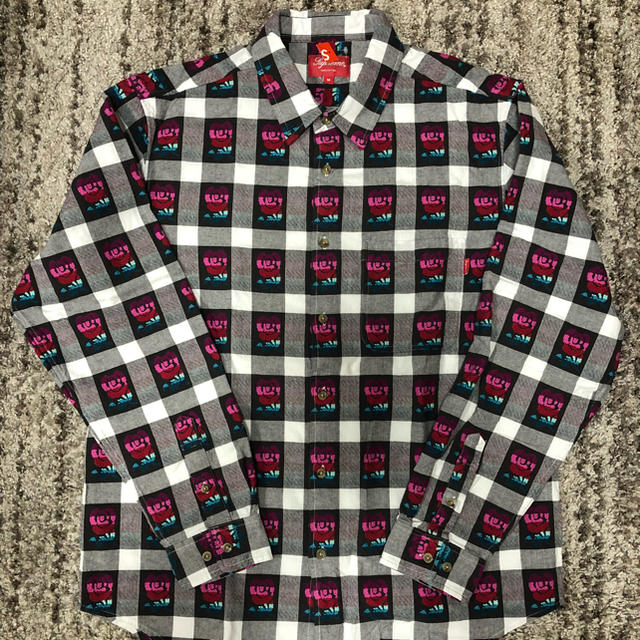 M 白 supreme rose buffalo plaid shirt バラ