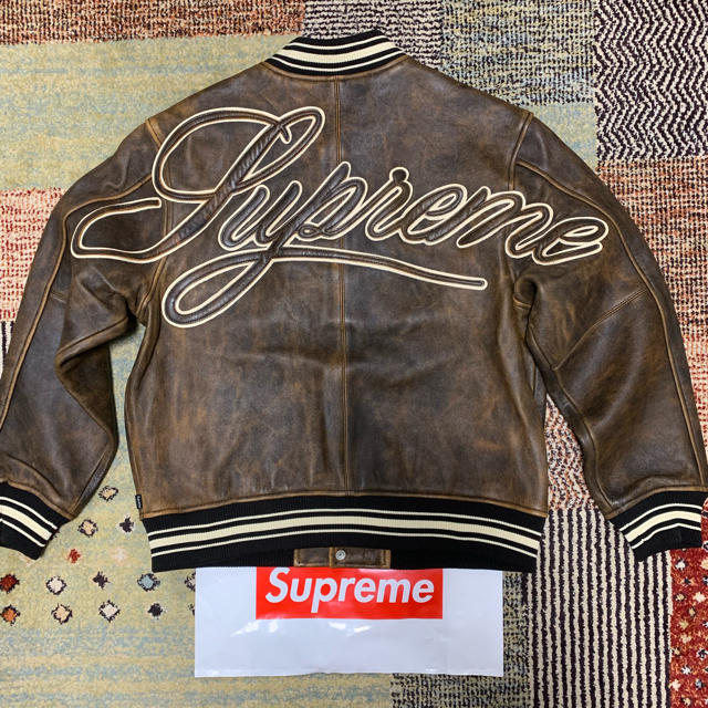 Supreme(シュプリーム)のLeather Varsity Jacket Lサイズ ブラック  ブラウン メンズのジャケット/アウター(レザージャケット)の商品写真